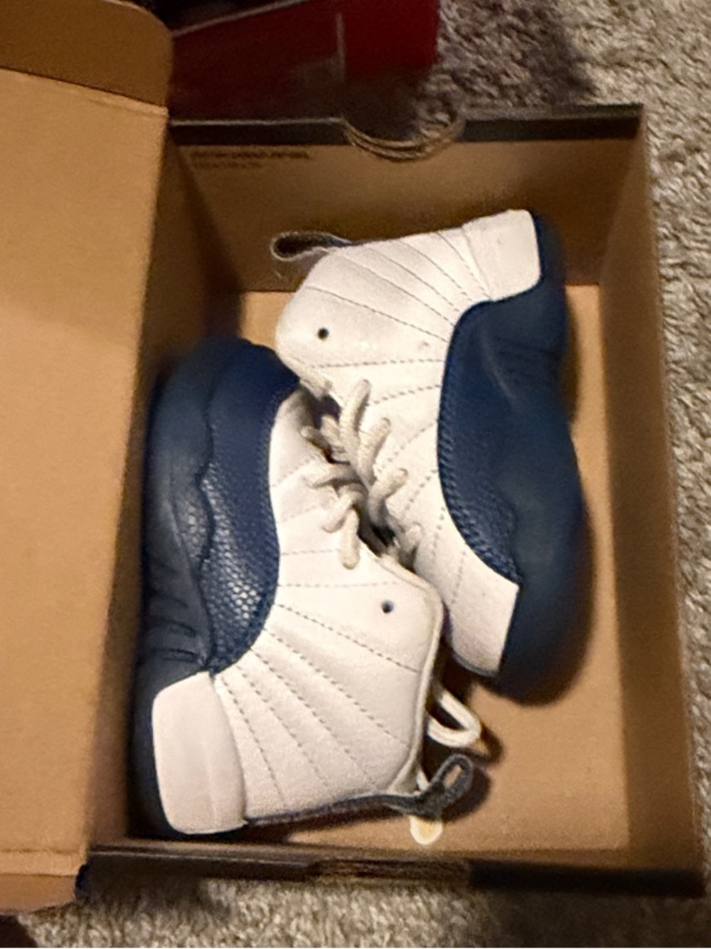Jordan Retro 12 Kids White and Navy Sneakers